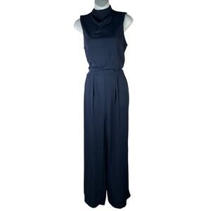 PrettyGarden Ribbed Wide Leg Jumpsuit Navy Mock Neck Pockets L Quiet Luxury